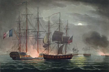 Zajetí La Désirée, 7. července 1800, z "The Naval Achievements of Great Britain" od Jamese Jenkinse, rytina Thomase Sutherlanda (nar. kolem roku 1785), vydáno 1816
